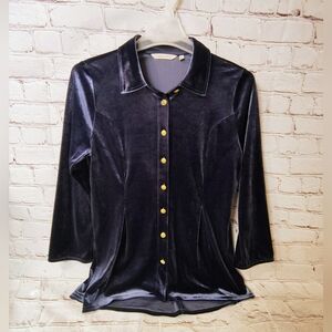 Soft Surroundings Velvet Goth Enchanted Blue Button Down Blouse Gold Button L